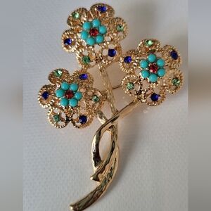 Gold Floral Brooch with Turquoise and Red Accents